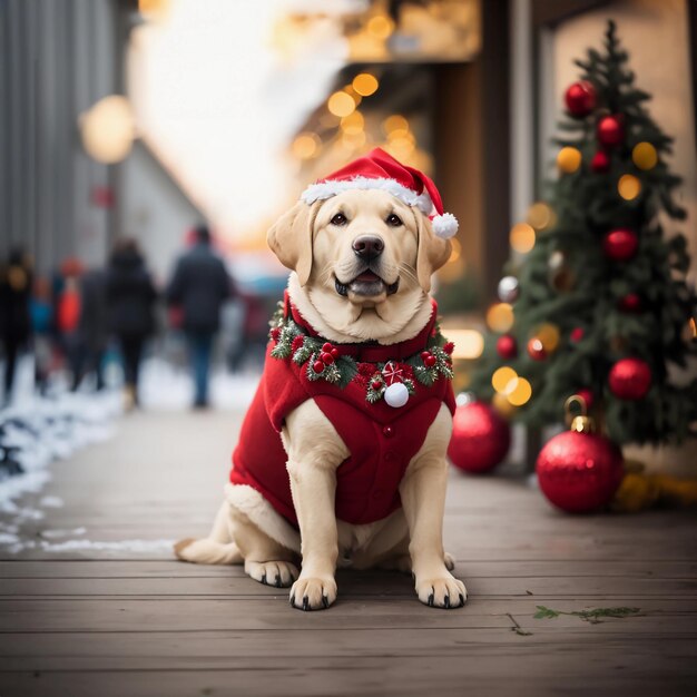 Outdoor Christmas Magic Labrador Retriever in Festive Attire and Bokeh Background Lights