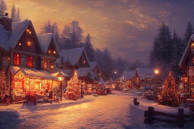 Photo outdoor christmas scene illustration of a christmas house with snow winter landscape in a village