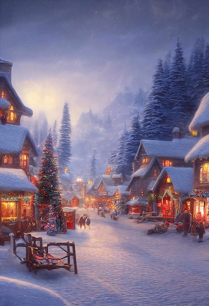 Outdoor Christmas scene illustration of a Christmas house with snow winter landscape in a village