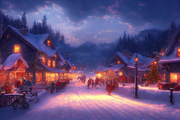 Outdoor Christmas scene illustration of a Christmas house with snow winter landscape in a village