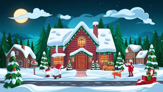 Outdoor christmas scene illustration of a christmas house with snow winter landscape in a village