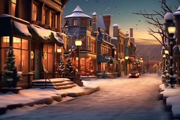 写真 冬の屋外のクリスマスの時間 ⁇ 夜の家の中にライトを当てた雪の通り ⁇ 町のクリスマスシーン