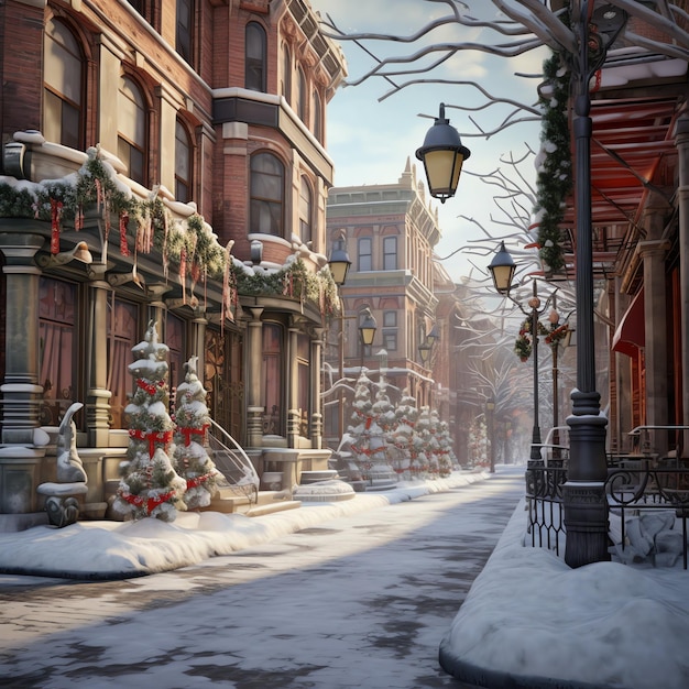 Рождественское время на открытом воздухе зимой снежная улица с огнем в домах ночью Рождественская сцена в городе