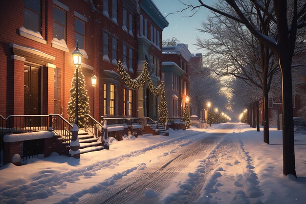 Photo outdoor christmas time in winter snowy street with light in houses at night christmas scene in town