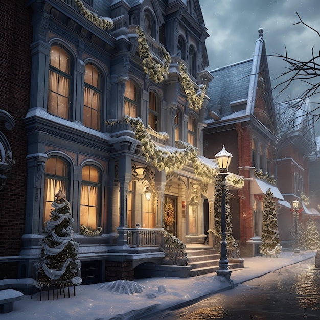 Рождественское время на открытом воздухе зимой снежная улица с огнем в домах ночью Рождественская сцена в городе