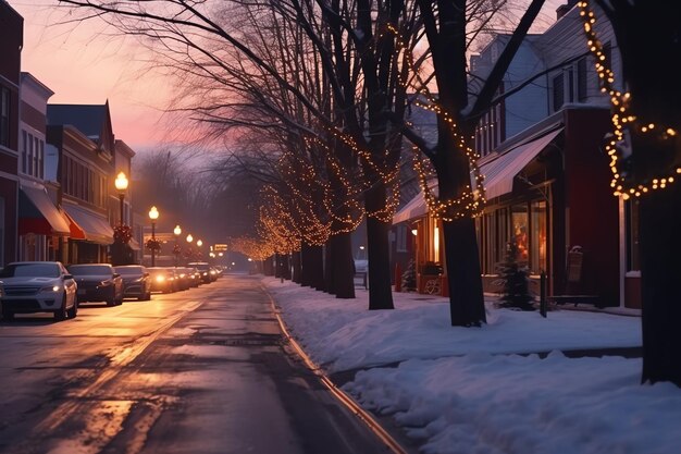 Photo outdoor christmas time in winter snowy street with light in houses at night christmas scene in town