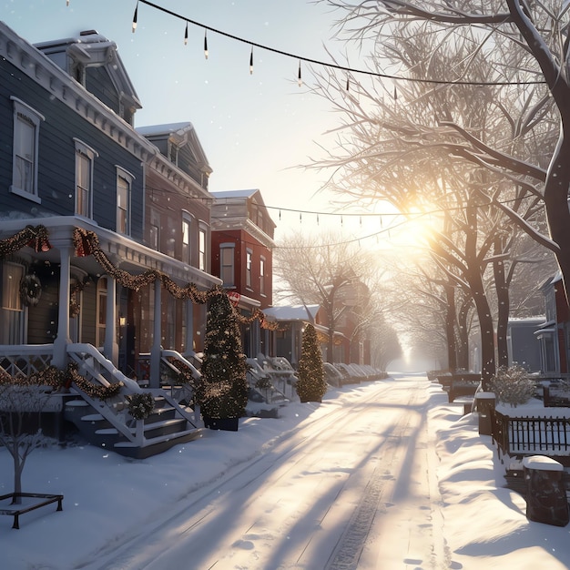 Outdoor christmas time in winter snowy street with light in houses at night Christmas scene in town