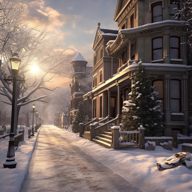 Outdoor christmas time in winter snowy street with light in houses at night Christmas scene in town