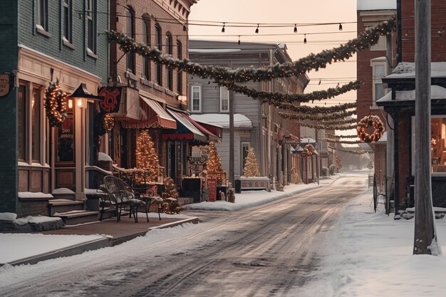 Photo outdoor christmas time in winter snowy street with light in houses at night christmas scene in town