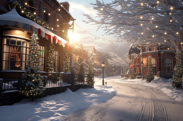 Outdoor christmas time in winter snowy street with light in houses at night christmas scene in town