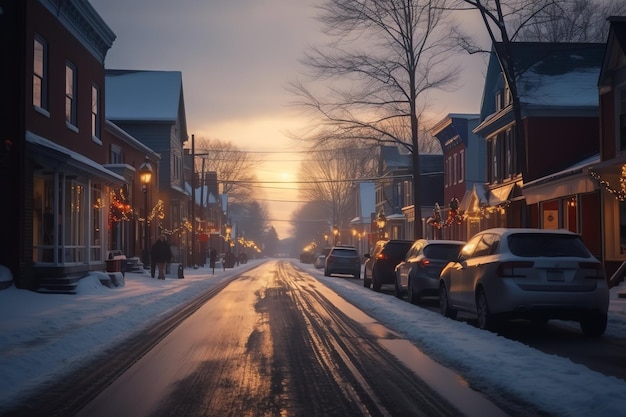 Outdoor christmas time in winter snowy street with light in houses at night christmas scene in town