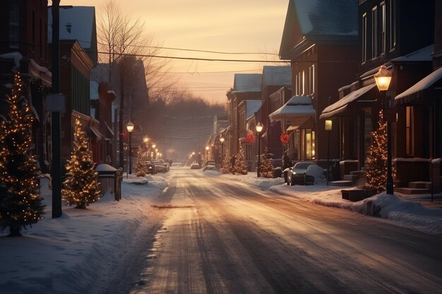 Photo outdoor christmas time in winter snowy street with light in houses at night christmas scene in town