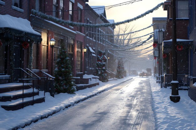 Photo outdoor christmas time in winter snowy street with light in houses at night christmas scene in town