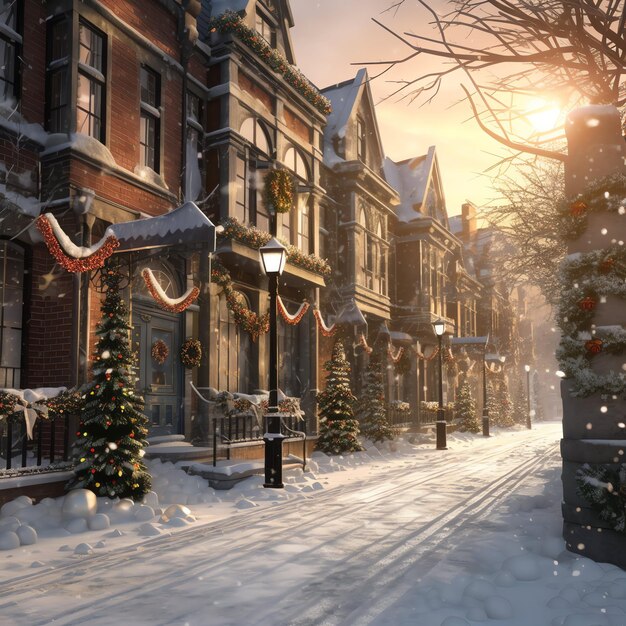 Outdoor christmas time in winter snowy street with light in houses at night Christmas scene in town