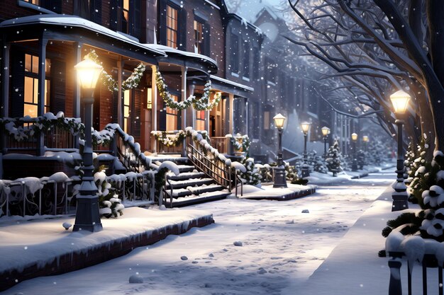 Outdoor christmas time in winter snowy street with light in houses at night christmas scene in town