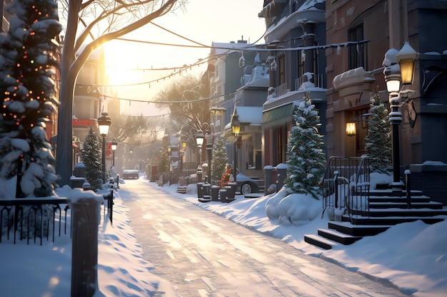 Рождественское время на открытом воздухе зимой снежная улица с светом в домах ночью Рождественская сцена в городе