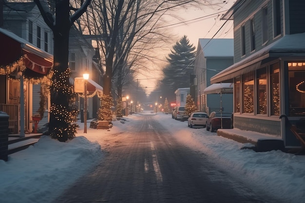 Foto natale all'aperto in inverno strada innevata con luce nelle case di notte scena natalizia in città