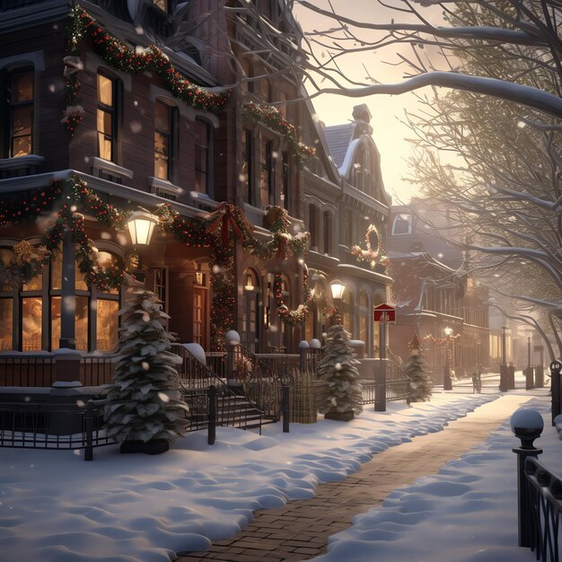 Outdoor christmas time in winter snowy street with light in houses at night Christmas scene in town