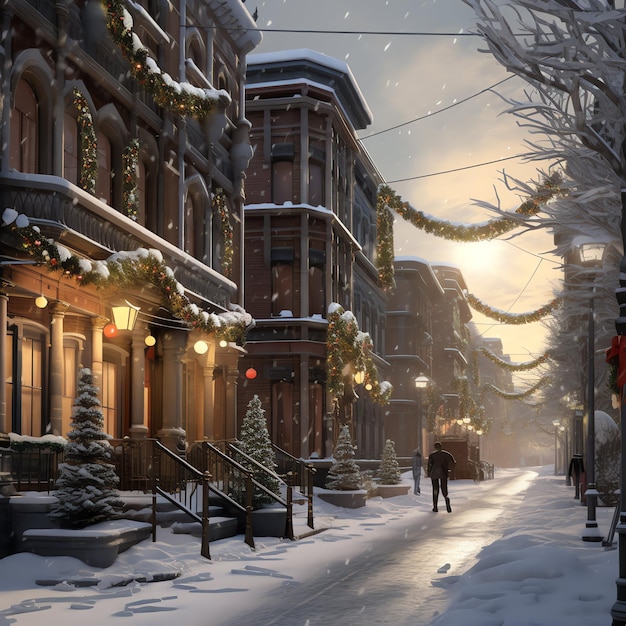 Рождественское время на открытом воздухе зимой снежная улица с светом в домах ночью Рождественская сцена в городе