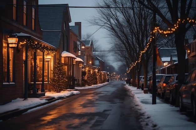 Outdoor christmas time in winter snowy street with light in houses at night christmas scene in town