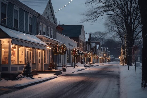 Photo outdoor christmas time in winter snowy street with light in houses at night christmas scene in town