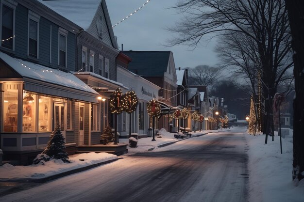 Outdoor christmas time in winter snowy street with light in houses at night Christmas scene in town