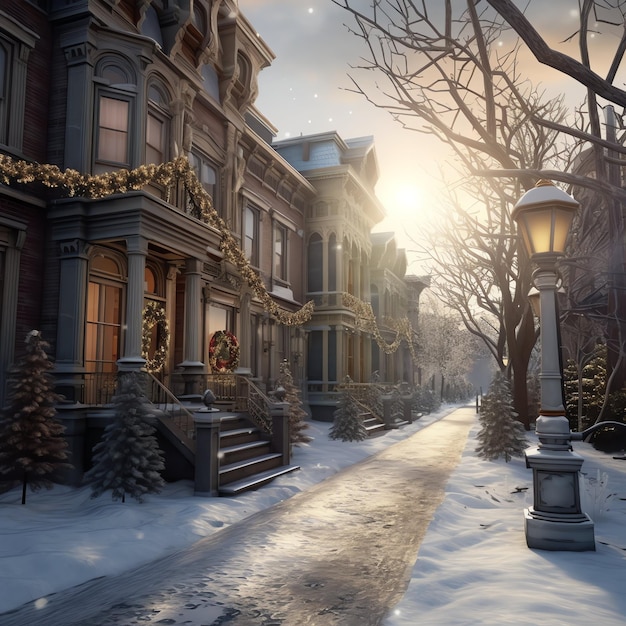 Outdoor christmas time in winter snowy street with light in houses at night Christmas scene in town