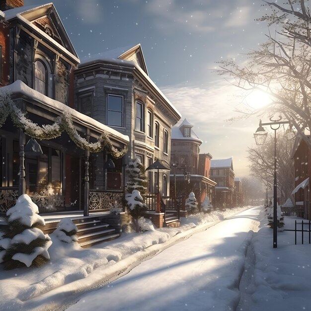 Outdoor christmas time in winter snowy street with light in houses at night christmas scene in town