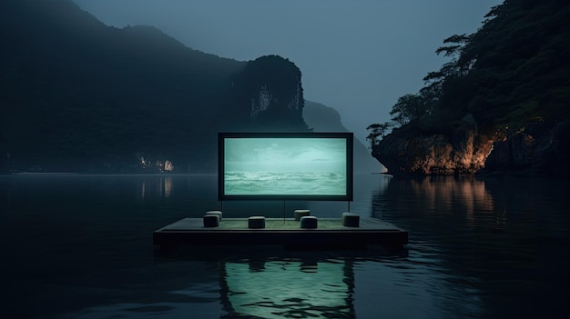 Outdoor cinema on bay platform with reflection