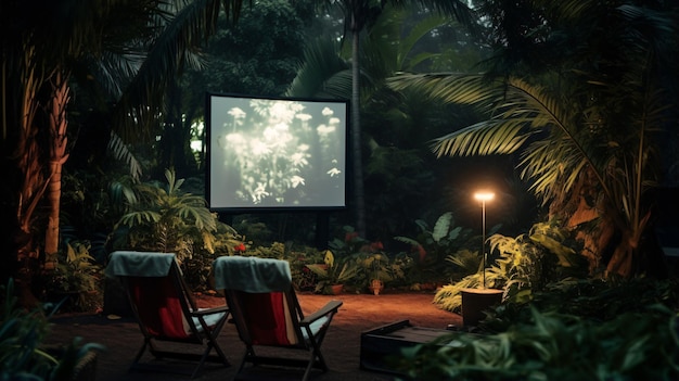 Outdoor cinema film in a tropical garden