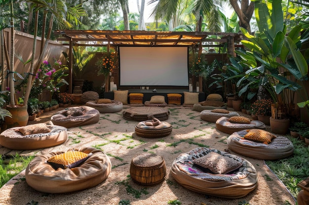 outdoor cinema for a romantic film in garden professional photography