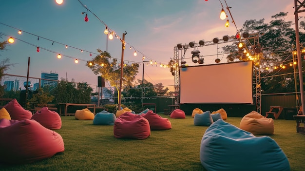 사진 대형 영화 스크린과 다채로운 콩 봉투를 가진 야외 영화관 설정은 황혼 색조와 빛의 줄을 가진 하늘 아래 잔디에 있습니다.