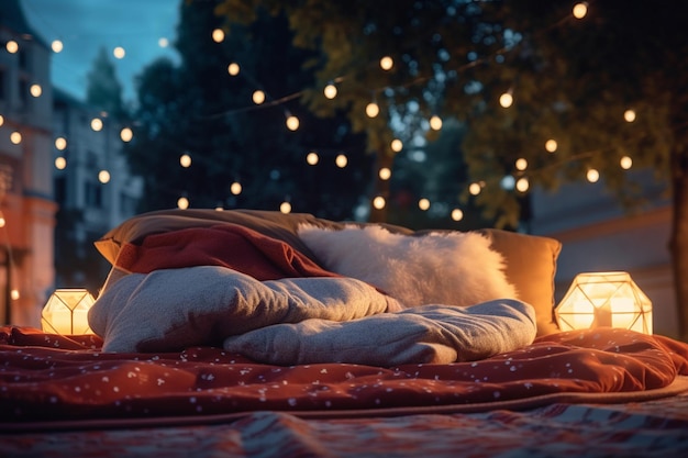 Outdoor cinema with blankets and pillows under a starry sky summer