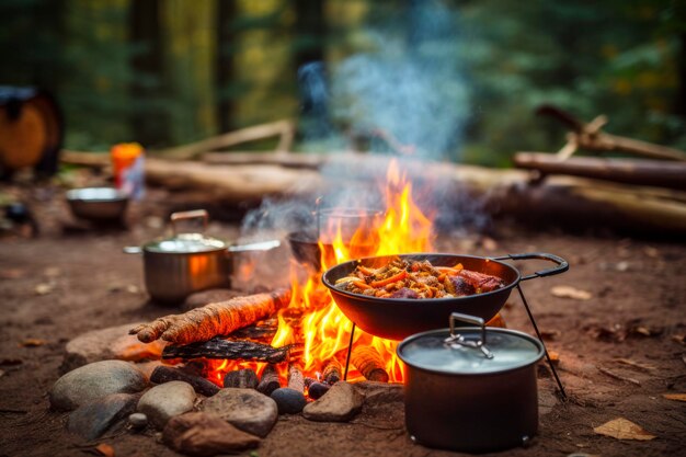 Outdoor cooking adventure portable camping stove in action flames dancing beneath a sturdy pot