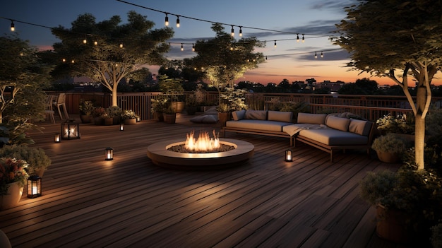 Outdoor deck with a fire pit and a fire pit