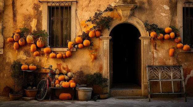 Outdoor Decoration pumpkins on the wall at building