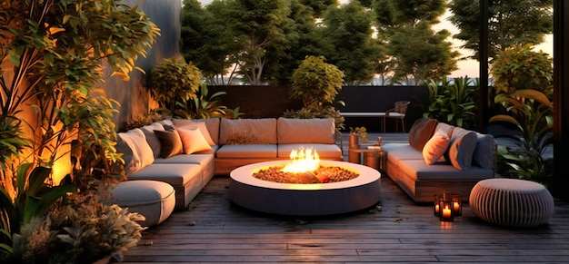 Outdoor design with lounge sofas and fire pit