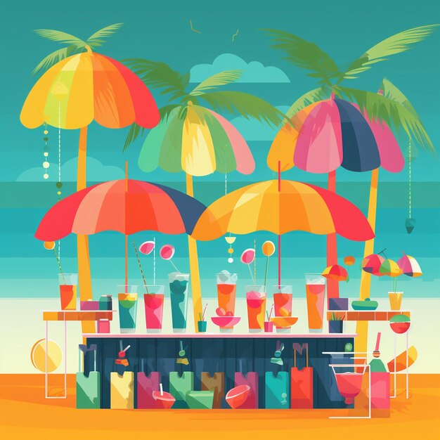 outdoor diner with tropical coconut tree beach bar illustration