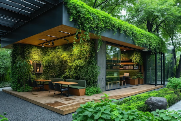 Outdoor dining area with green wall