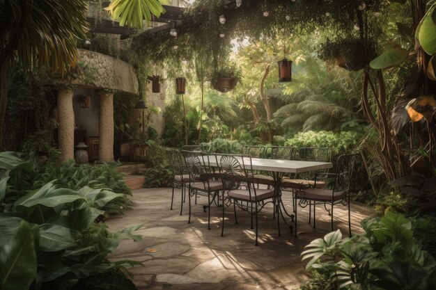 Outdoor dining area with table and chairs surrounded by lush greenery