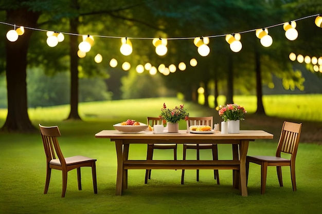 Outdoor dining table with hanging lights and a table with chairs and table with food on it