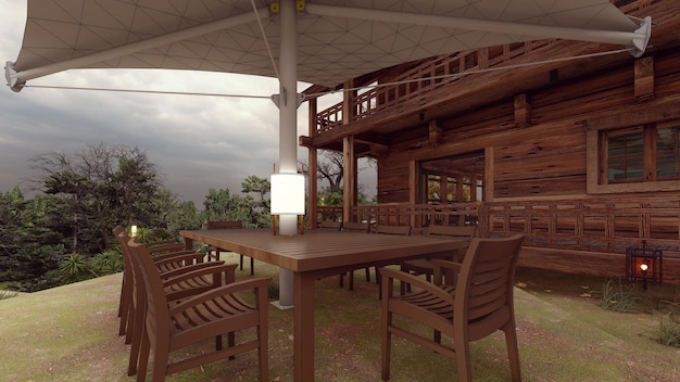 Sala da pranzo all'aperto con casa in legno e natura come illustrazione 3d di sfondo