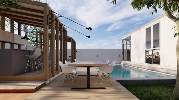outdoor dinning room on the wooden deck 3d illustration