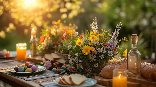 사진 야외 부활절 테이블 설정: 봄 꽃의 꽃병, 불타는 불, 칠한 달, ai 생성