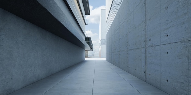 Открытый пустой коридор с бетонной стеной снаружи. 3d рендеринг