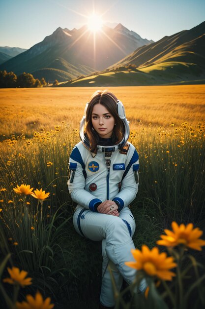 Outdoor explorer sitting in flower field holding yellow flowers woman wearing spacesuit background