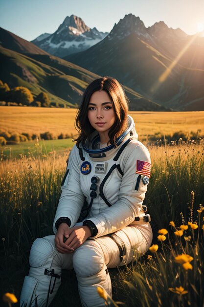 Outdoor explorer sitting in flower field holding yellow flowers woman wearing spacesuit background