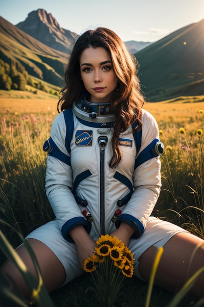 Outdoor explorer sitting in flower field holding yellow flowers woman wearing spacesuit background