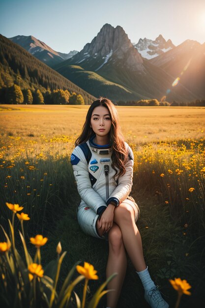 Outdoor explorer sitting in flower field holding yellow flowers woman wearing spacesuit background