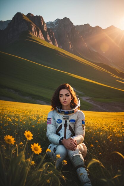 Outdoor explorer sitting in flower field holding yellow flowers woman wearing spacesuit background